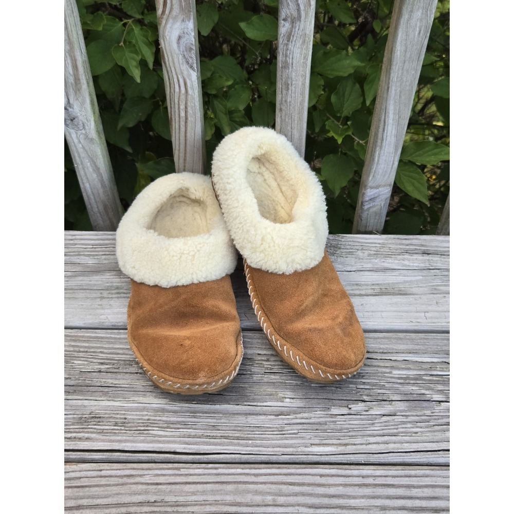 LL Bean Slippers Wicked Good Leather Shearling Moccasin Womens 9M Brown